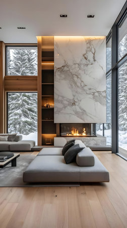 Luxurious modern living room with a stunning marble fireplace, offering breathtaking mountain views.の写真素材