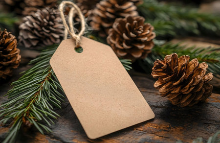 A rustic Christmas gift tag with pine cones and fir branches on a wooden background. Perfect for...
