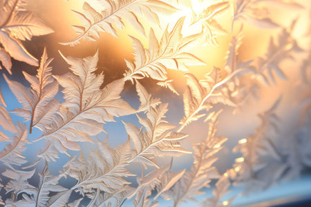 Intricate frost patterns on a windowpane, illuminated by warm sunlight. A winter scene.の写真素材