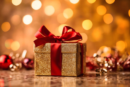 A golden gift box with a red ribbon, beautifully illuminated against a warm bokeh background.の写真素材