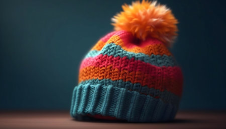 Close-up of a vibrant knitted winter hat featuring a fluffy pompom.