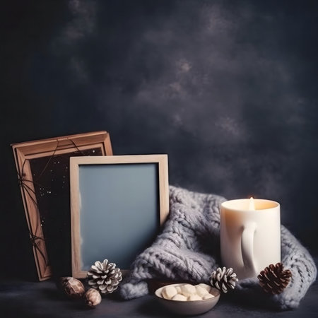 A cozy winter scene featuring blank frames, a lit candle in a mug, and a soft knitted blanket. Perfect for holiday or winter themes.の写真素材