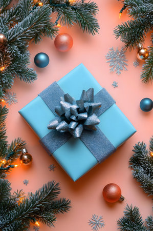 A beautifully wrapped blue Christmas gift sits amidst snowy pine branches, colorful ornaments, and twinkling fairy lights on a peach background. Perfect for holiday cards or social media.の写真素材