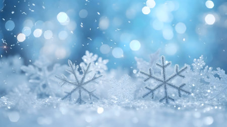 A magical winter scene with glistening snowflakes, sparkling lights, and a serene atmosphere.の写真素材