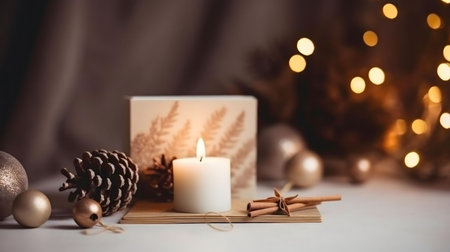 A warm and inviting Christmas scene featuring a lit candle, pine cone, and gold ornaments.の写真素材
