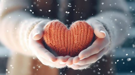 Close-up of hands holding a small, orange, knitted heart in the snow. A symbol of winter warmth and...
