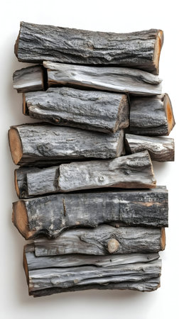A neatly stacked pile of gray wood logs against a white background. Ideal for various design...