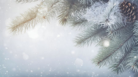 Close-up of a snowy pine branch with pinecones, winter background.の写真素材