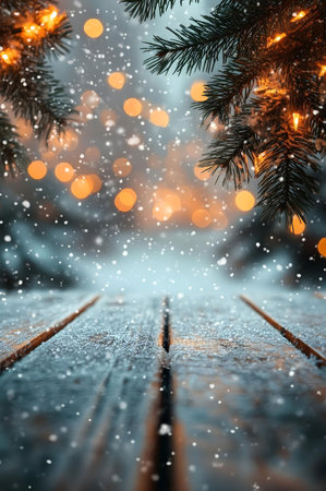 Festive winter scene: a snowy wooden table under falling snow, illuminated by warm lights and pine branches.の写真素材