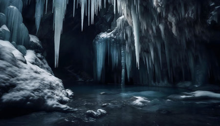 Frozen cave with icy lake, winter wonderland, serene, mysticalの写真素材