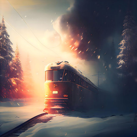 A lone train speeds through a winter wonderland, a fiery spectacle behind it. The scene is both beautiful and mysterious.の写真素材