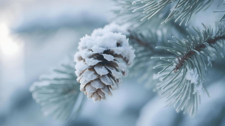 Close-up of a snow-covered pine cone on a frosty pine branch. Winter wonderland scene.の写真素材