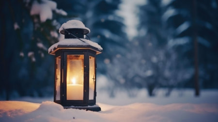 A glowing lantern sits in the snow, surrounded by a winter forest. Warmth and peace.