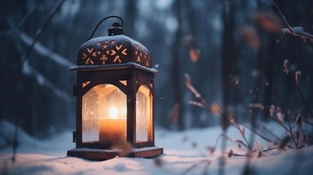 A lit lantern sits in a snowy forest at night. The scene is peaceful and serene.の写真素材