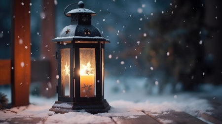 A glowing lantern sits in the snow during a winter night. Warmth and peace