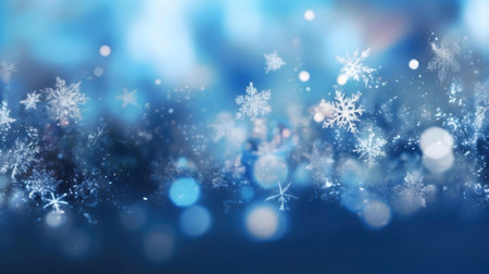 Festive winter scene with snowflakes, bokeh lights, and a serene atmosphere.の写真素材