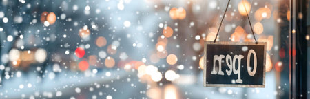 Open sign in a snowy winter night. A cozy atmosphere with festive lights and snowflakes falling
