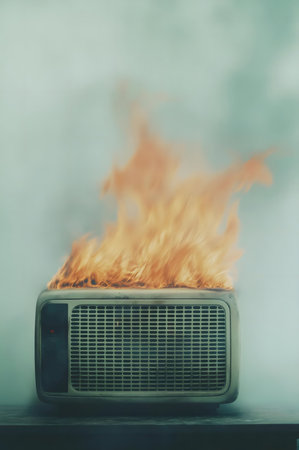 A vintage heater engulfed in flames, a scene of intense heat and potential danger.の写真素材