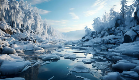 Stunning winter scene of a frozen river, surrounded by snow-covered trees and rocky banks. The tranquil atmosphere evokes a sense of peace and serenity.の写真素材