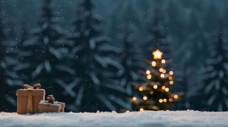 Two wrapped gifts sit in the snow with a softly lit Christmas tree in the background. The scene is peaceful and magical, perfect for winter holidays.の写真素材