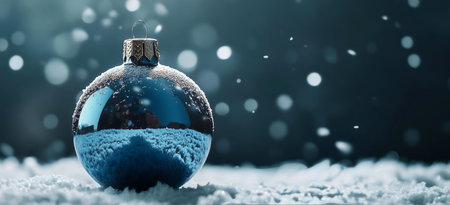 A single, frost-covered blue Christmas ornament rests gently on a bed of fresh snow. Winter wonderland.の写真素材