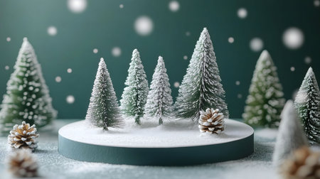 Miniature snow covered Christmas trees on a teal platform with pinecones.の写真素材