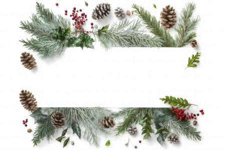 Festive winter holiday greeting card template with pine cones, berries, and evergreen branches.の写真素材