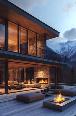 Modern mountain home with a stunning view, featuring a large fireplace and outdoor seating area.の写真素材