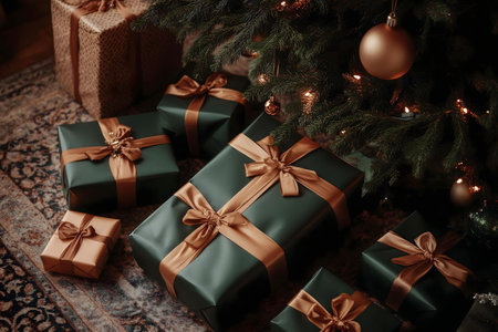 Beautifully wrapped Christmas presents in elegant green and gold under a Christmas tree.の写真素材