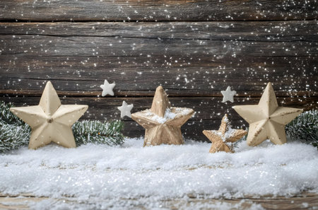 Three rustic stars on a snowy wooden background. Perfect for Christmas cards or winter holiday...