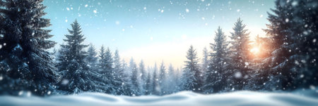 A breathtaking winter scene, showcasing a snow-covered forest bathed in the soft light of sunrise or...