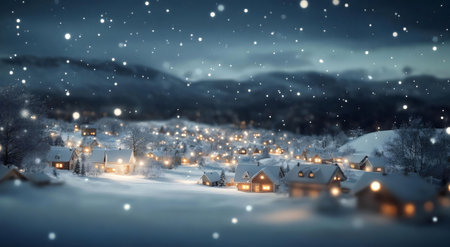 A picturesque snowy village at night, glowing warmly under the falling snow. Winter wonderland.の写真素材