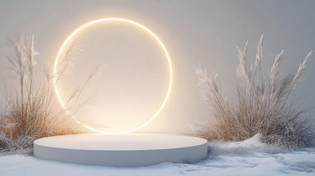 A minimalist winter scene featuring a white circular platform, pampas grass, and a glowing circle. Perfect for showcasing products.の写真素材