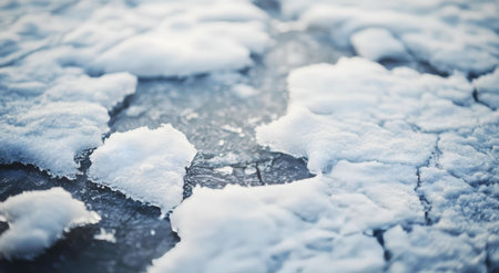 Close-up view of snow on ice, winter scene. Cold, snowy, icy texture.の写真素材