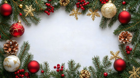 Festive Christmas frame with red and gold ornaments, pine cones, and snowflakes on a white background. Perfect for holiday greetings.の写真素材