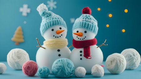 Two charming snowmen in knitted hats and scarves surrounded by yarn balls, festive winter scene.の写真素材