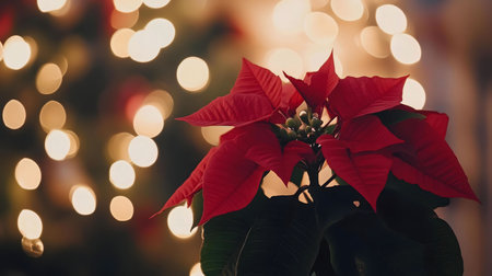 A vibrant red poinsettia in full bloom against a backdrop of warm, festive lights. A beautiful Christmas symbol.の写真素材