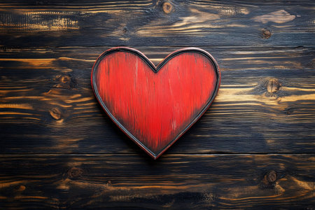 A red heart on a dark wood background. Perfect for Valentine's Day or any romantic occasion.の写真素材