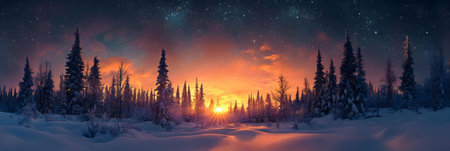 A breathtaking panorama of a winter sunset in a snow covered forest under a starry sky. Serene and magical.の写真素材