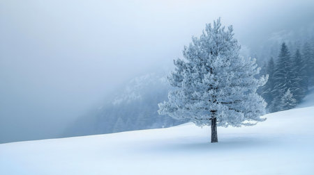 A lone, frost covered tree stands in a snowy landscape under a misty sky. The scene evokes a sense of peace and solitude.の写真素材