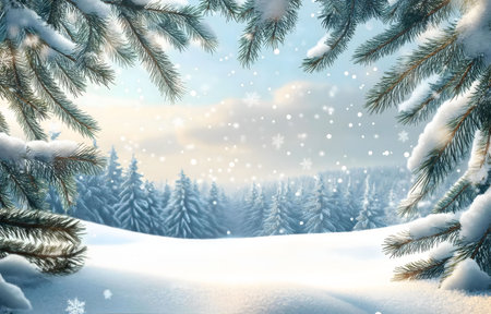 A breathtaking winter scene, showing a snow-covered forest under a soft snowfall. The image evokes feelings of serenity and peace.の写真素材