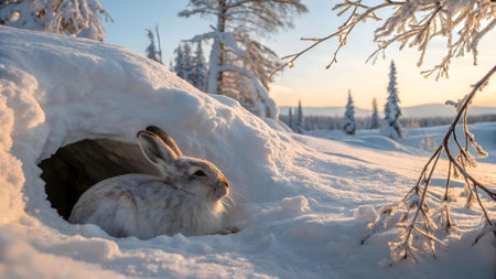 Arctic hare nestled in snow burrow at sunset. Winter wonderland scene.