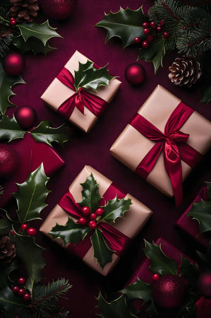 Luxury Christmas gifts adorned with holly and red ribbons on a rich burgundy background. A festive...