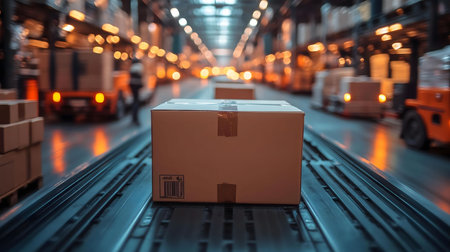 A cardboard box moves along a conveyor belt in a bustling warehouse, showing the efficiency of...