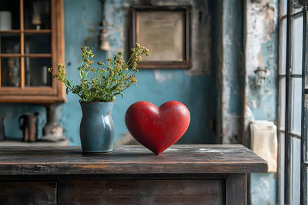 A red heart and wildflowers in a rustic setting. Peaceful and romantic.の写真素材