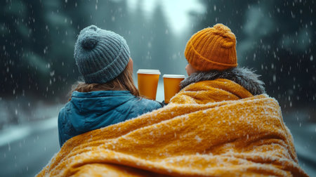 Two friends bundled in warm blankets enjoy hot drinks during a snowy winter day in a serene forest. A peaceful scene depicting warmth and friendship in the cold.の写真素材