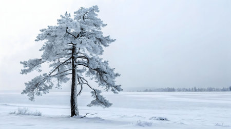 A single, majestic pine tree covered in snow stands alone in a vast, snow-covered field. Winter wonderland.の写真素材