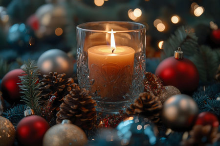 A lit candle in a glass holder surrounded by Christmas ornaments and pine cones. Warm and festive atmosphere.の写真素材