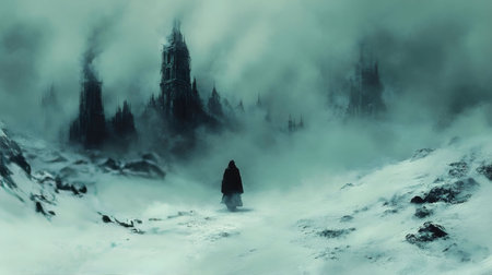 A solitary figure walks towards a dark castle shrouded in fog and snow. Winter atmosphere.の写真素材