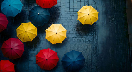 Overhead view of colorful umbrellas on a rainy city street. A vibrant scene of wet pavement.の写真素材